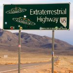 Extraterrestrial Highway, near Area 51, Nevada. Road sign with UFO illustrations.
