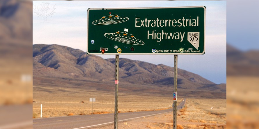 Extraterrestrial Highway, near Area 51, Nevada. Road sign with UFO illustrations.