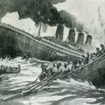 Illustration of the sinking of theTitanic and survivors in lifeboats.